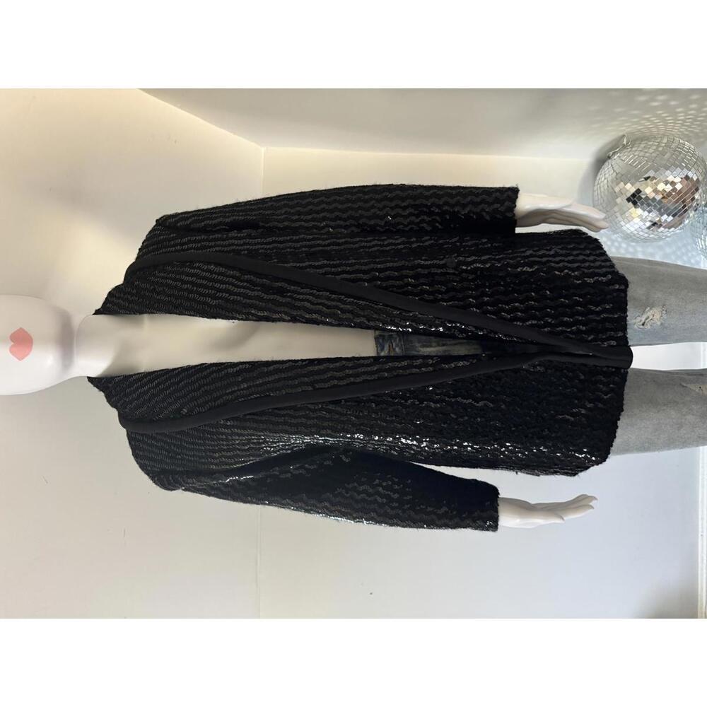 Vintage 60s Black Sequins Embellished Longline Jacket Shawl Lapel Satin Lining